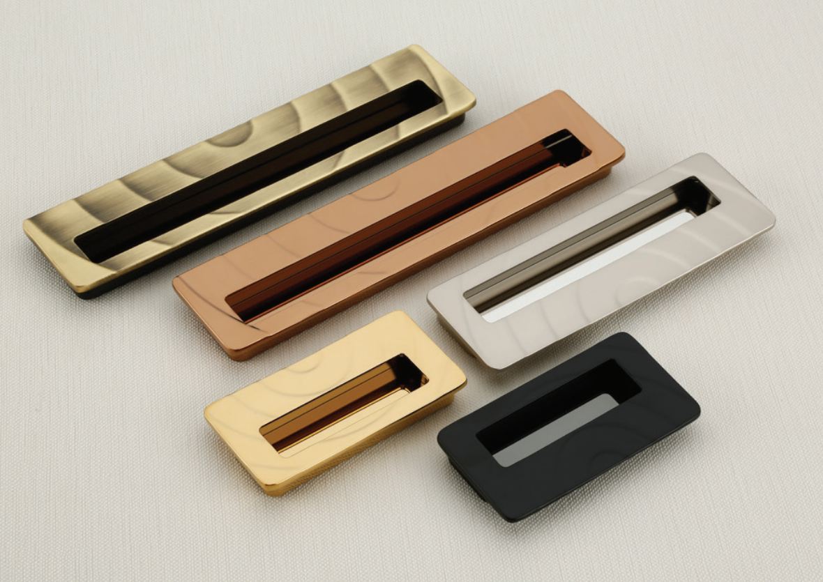 Radiant concealed flush handles in antique brass, rose gold, satin nickel, gold and matte black