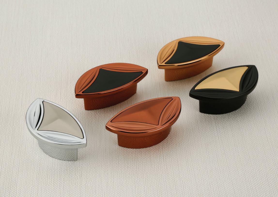 Radiant leaf-shaped cabinet knobs in chrome, copper, gold and black